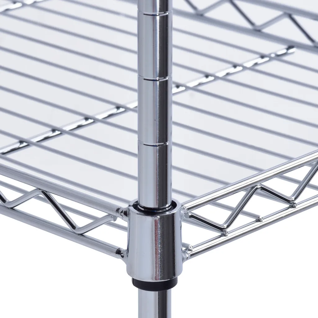 Close-up of metal shelving unit's corner and pole
