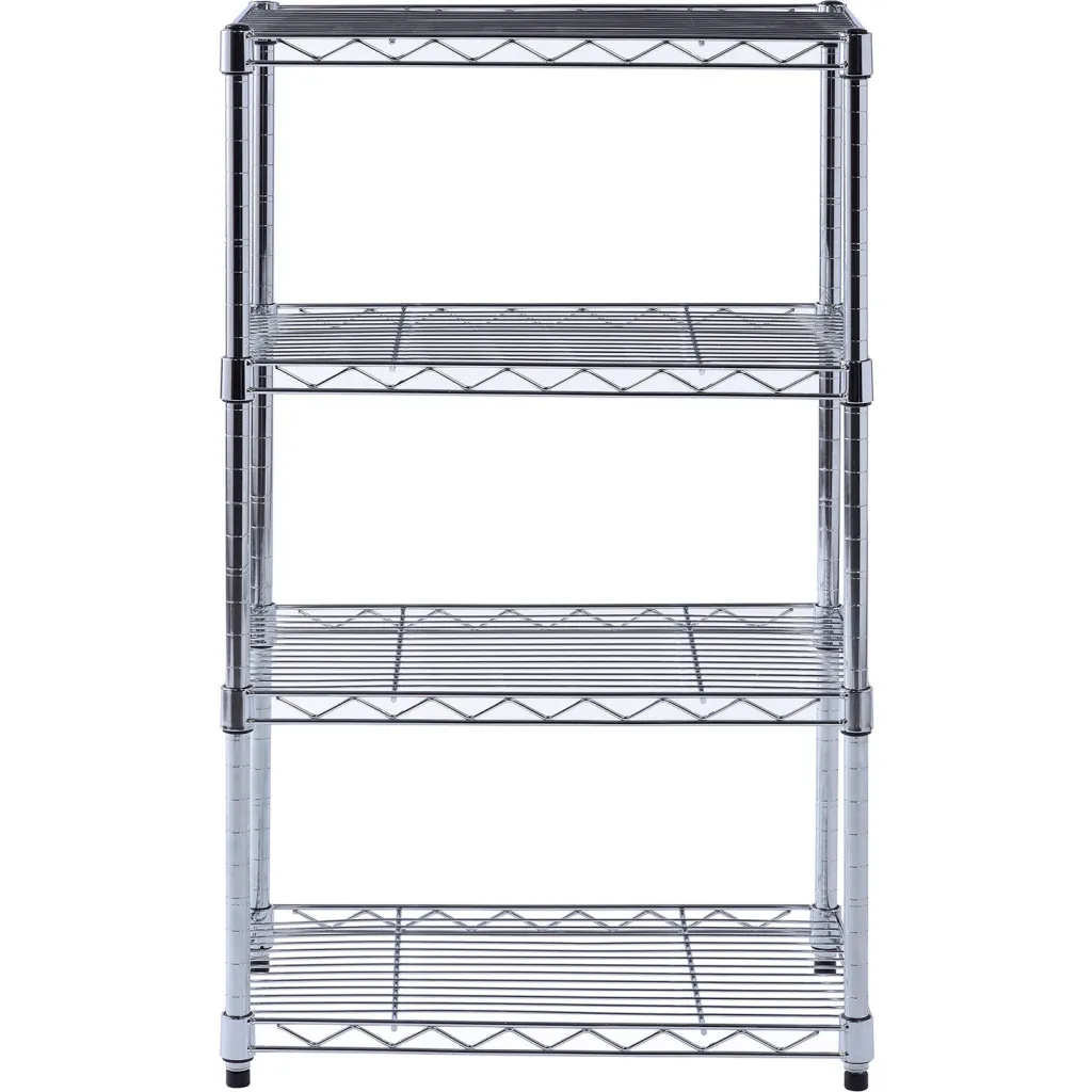 Metal shelving unit with four shelves