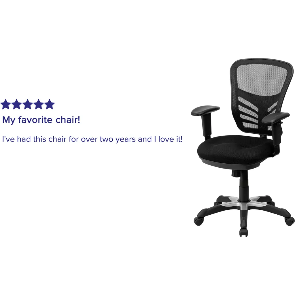 A black office chair with a mesh back and adjustable arms.