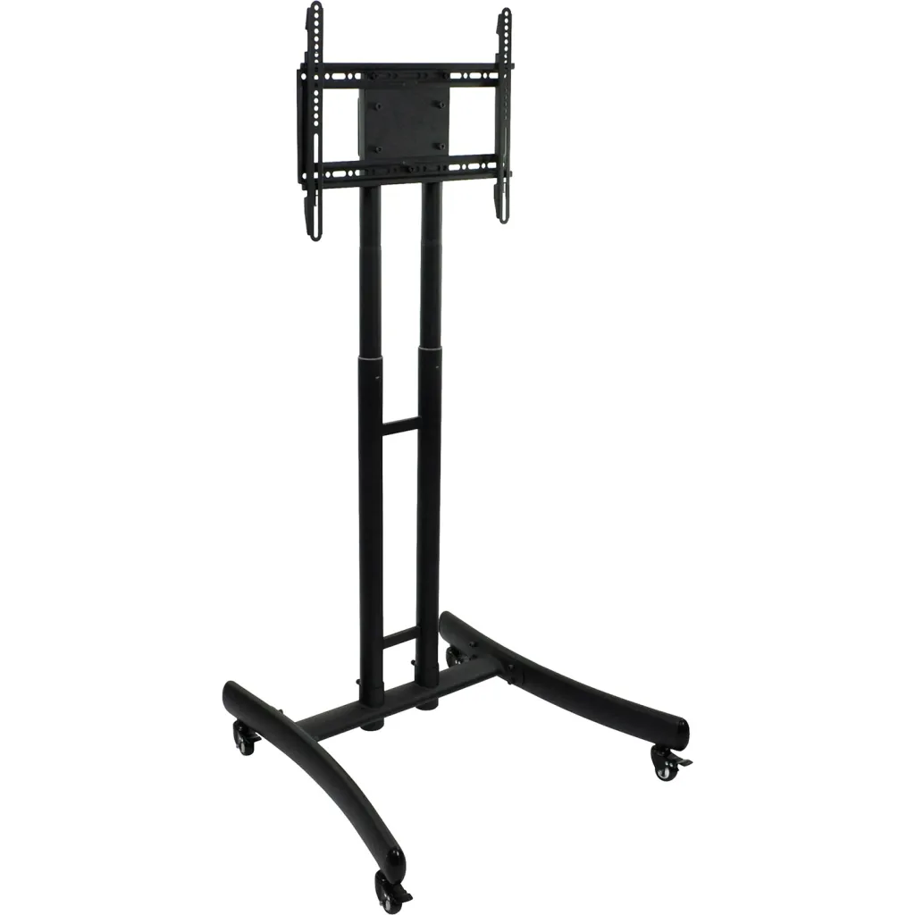TV stand with a black metal frame and wheels from a different angle