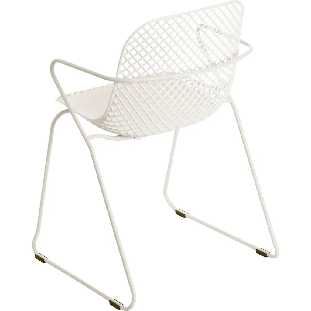 White chair with mesh back and armrests from rear view
