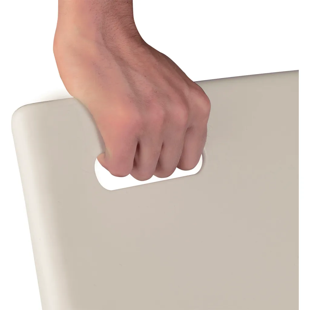 Hand holding beige plastic chair back