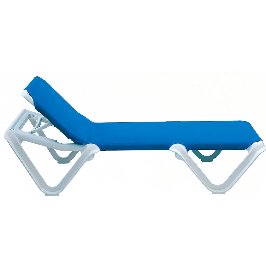 A blue and white folding chaise lounge chair from another angle