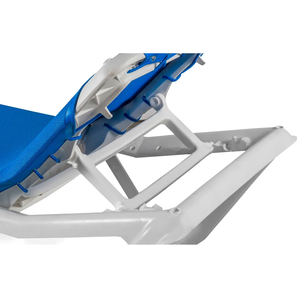 A close-up of the top of the blue and white folding chaise lounge chair