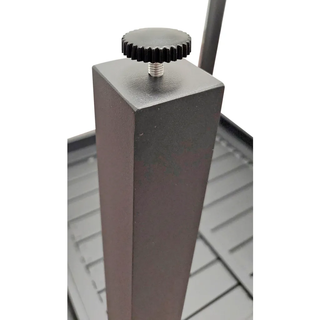 Close-up of gray table leg with adjustable knob