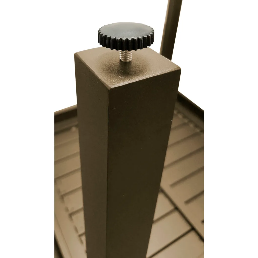 Close-up of adjustable foot on brown outdoor table