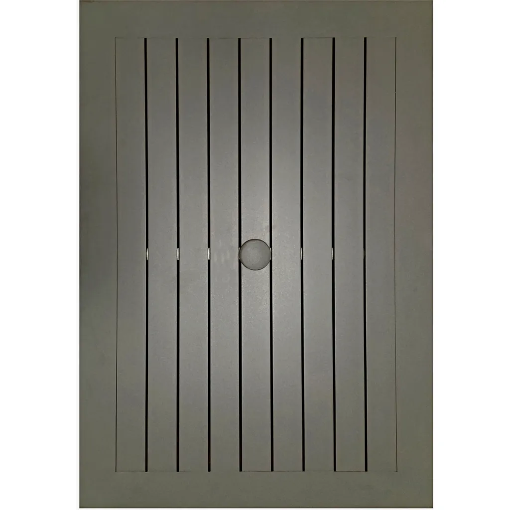Close-up of gray table top with slatted design and circular hole