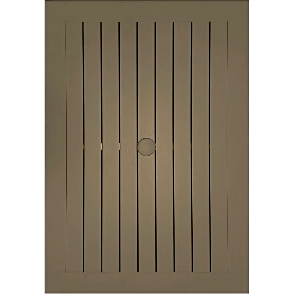 Close-up of brown outdoor table slats with a hole in the center