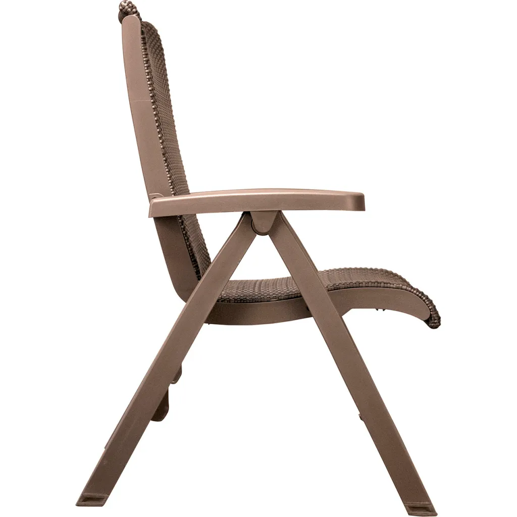 Brown folding chair with woven seat and backrest, side view