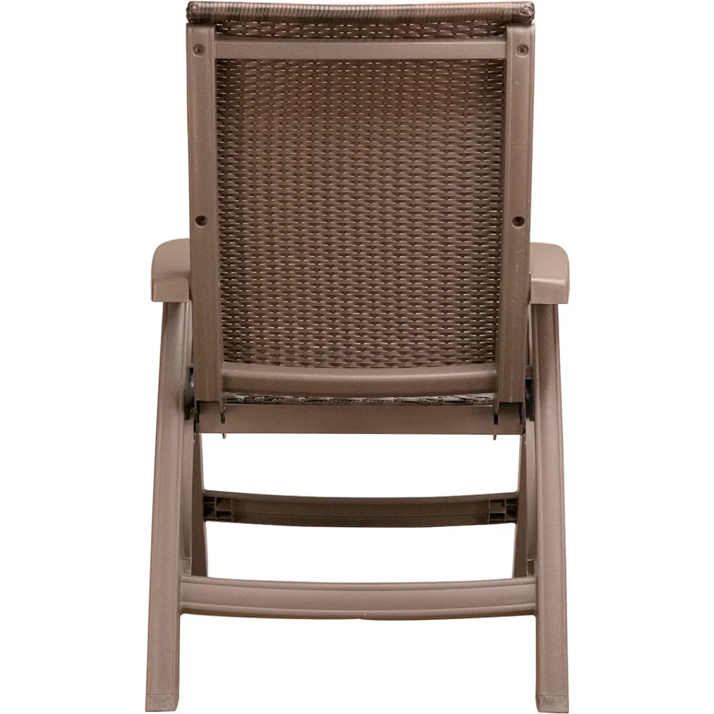 Brown folding chair with woven seat and backrest, rear view