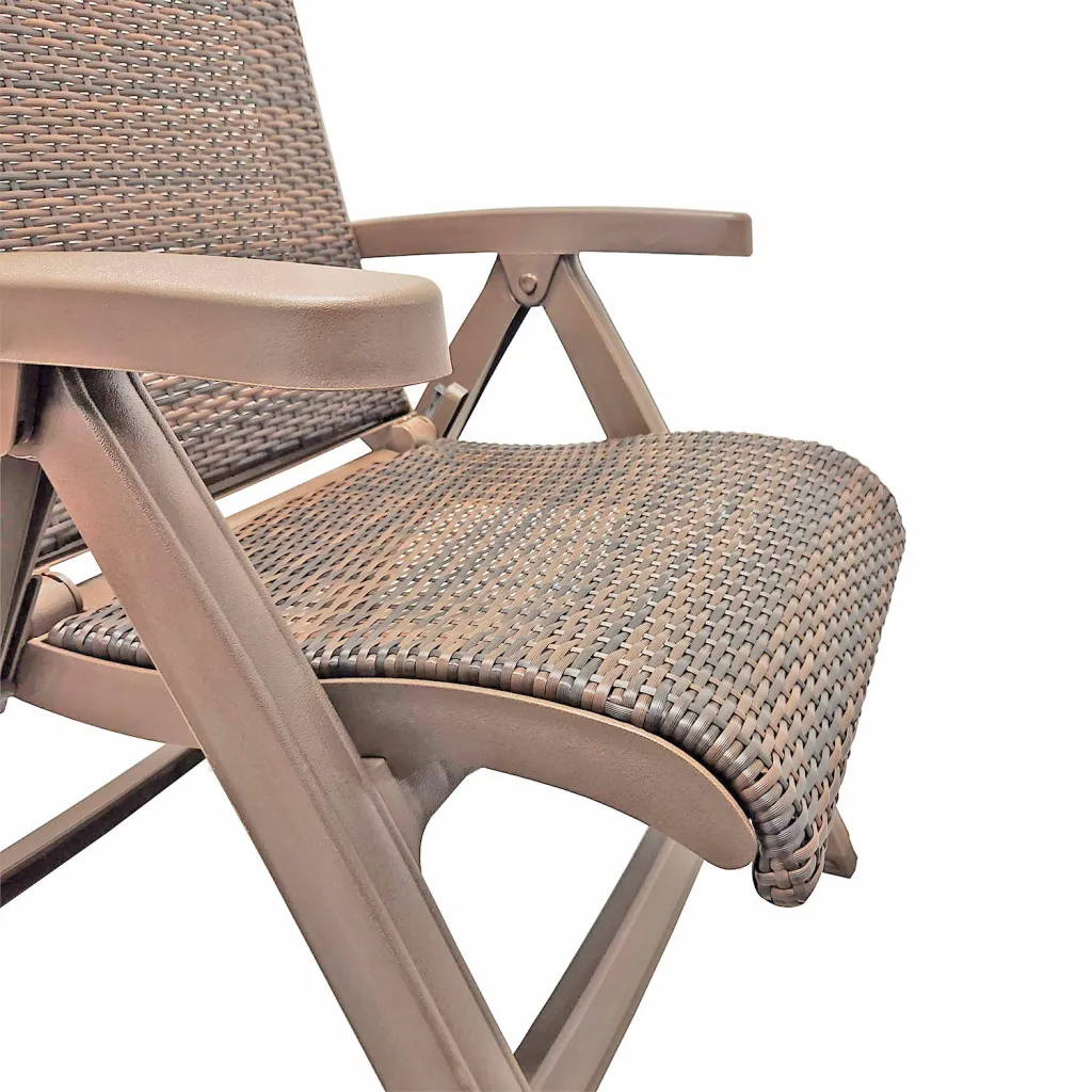 Close-up of brown folding chair with woven seat