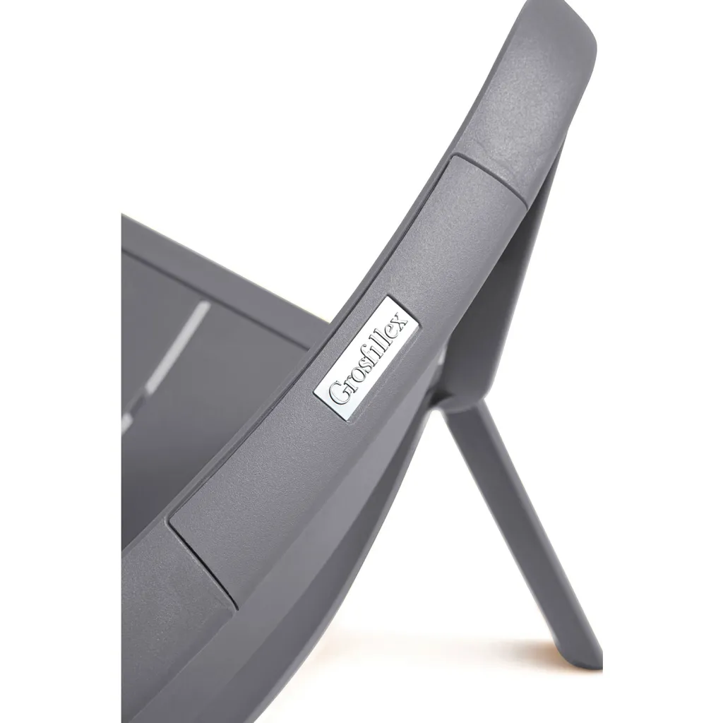 Close-up of chair leg with Grosfillex label