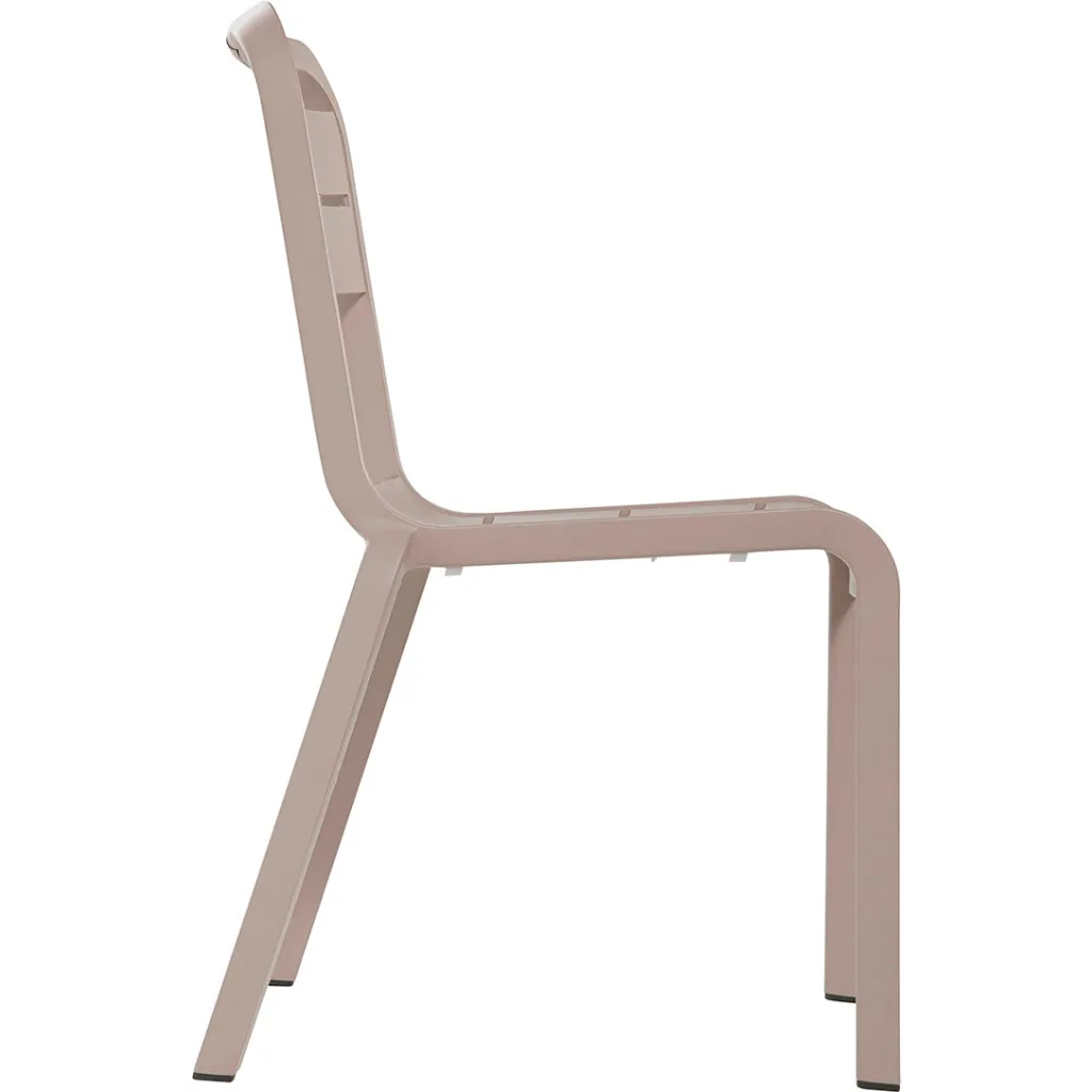 Side view of plastic chair with curved back and four legs
