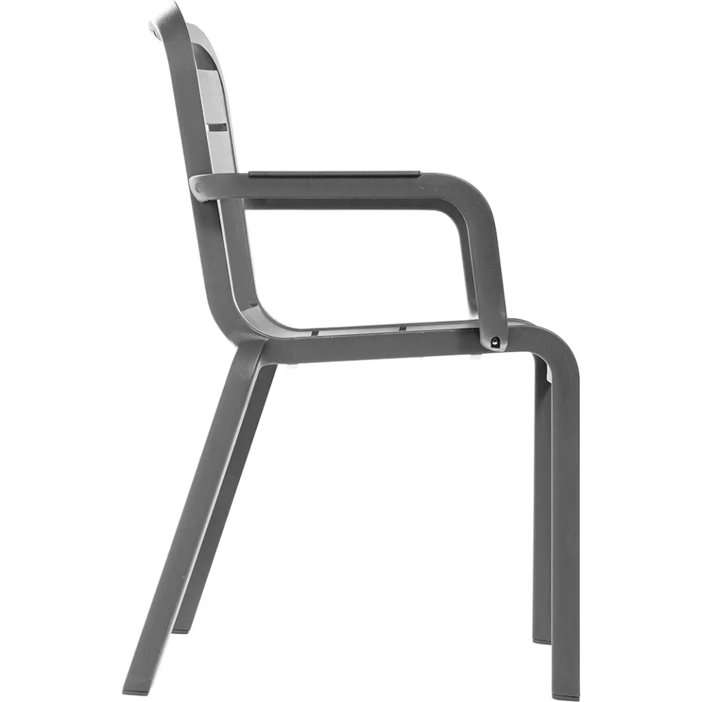 Gray chair from side view with armrests