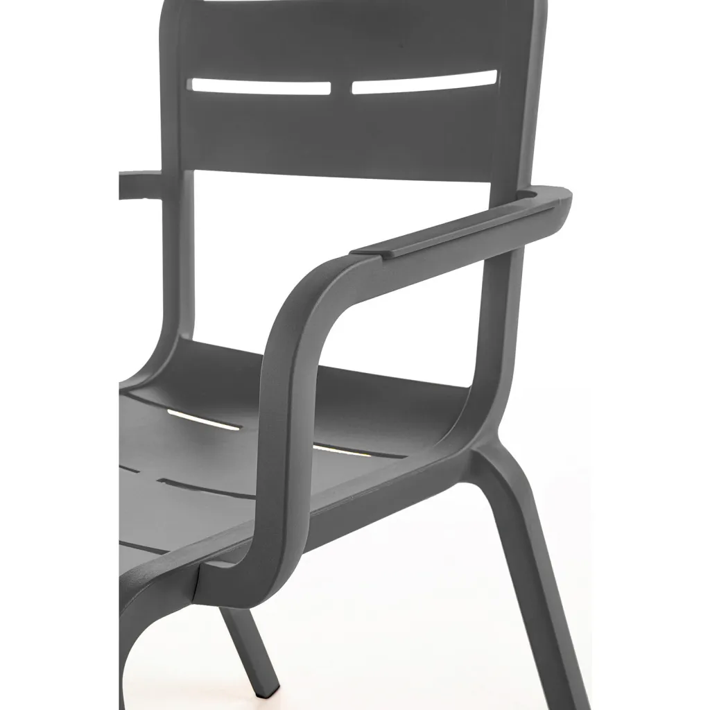 Gray chair from angled front view with armrests