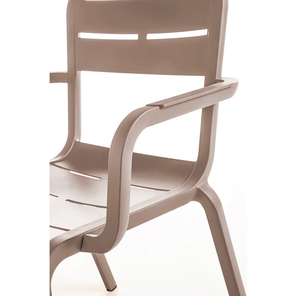 Close-up of beige chair armrest and seat