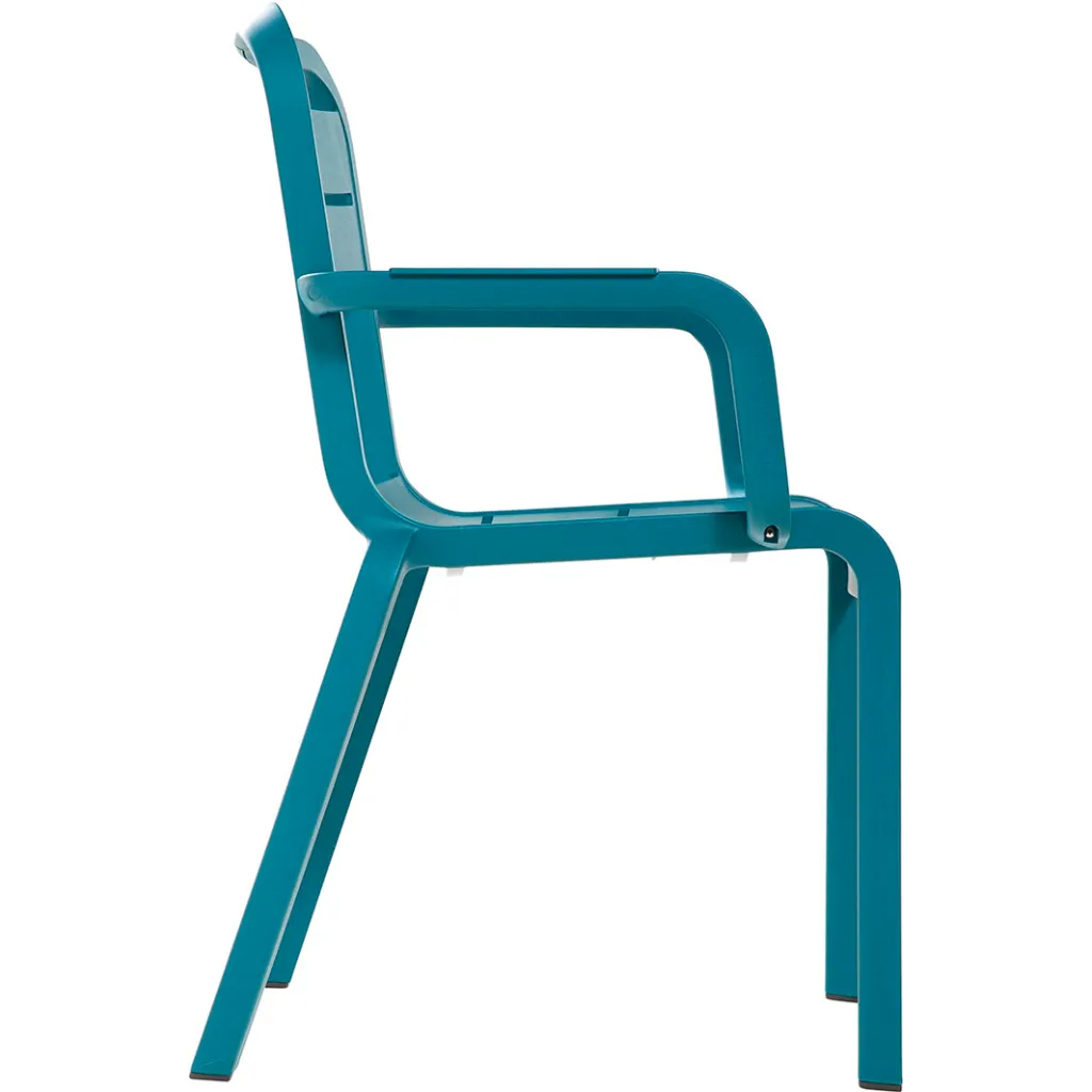 Teal chair with armrests and a backrest from the side