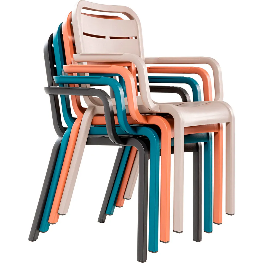 Stack of chairs in various colors