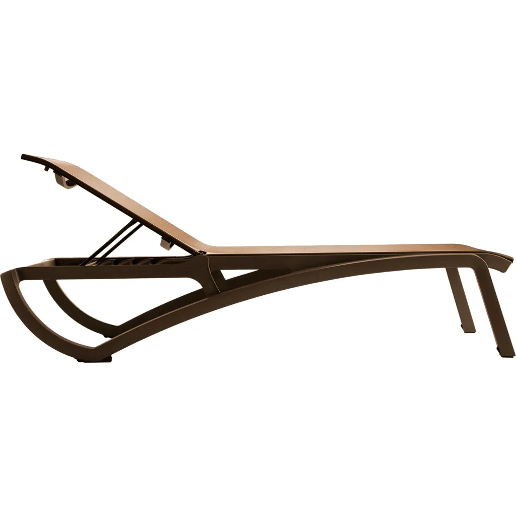 Side view of brown outdoor chaise lounge chair with black frame