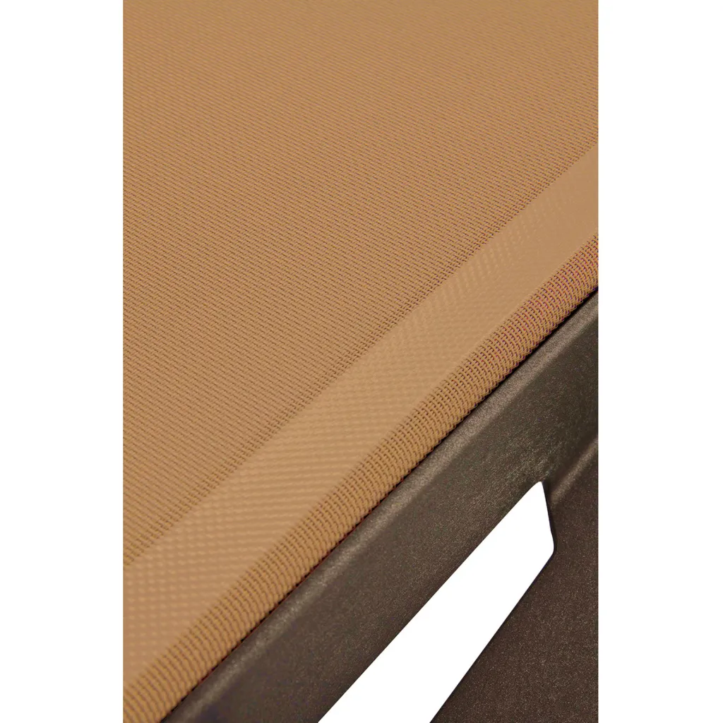 Close-up of brown outdoor chaise lounge chair fabric and frame