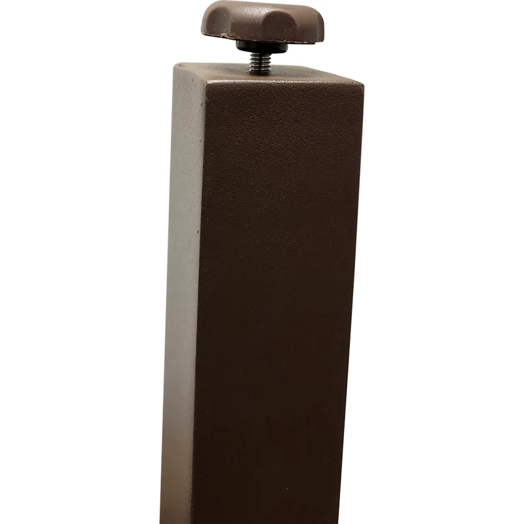 Close-up of brown outdoor table leg with adjustable foot