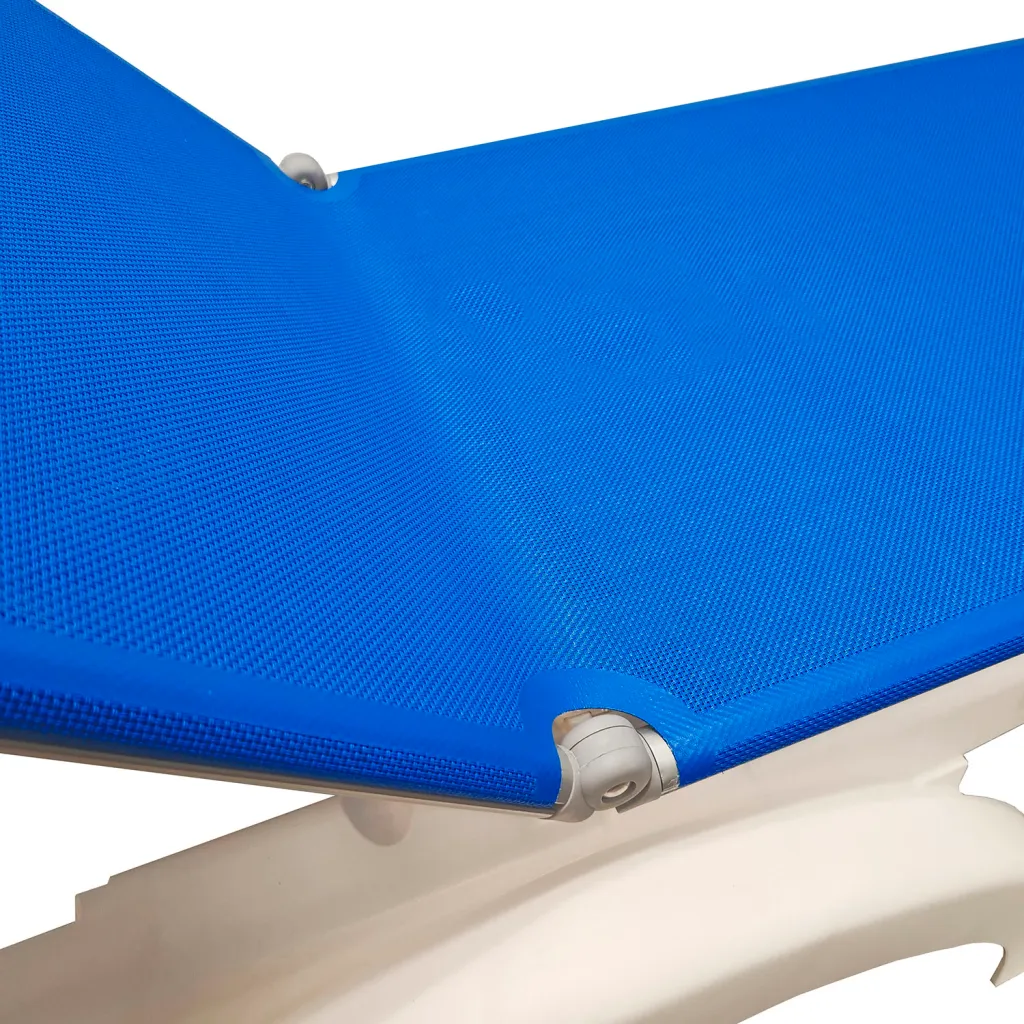 Close-up of blue and white pool lounge chair fabric and frame