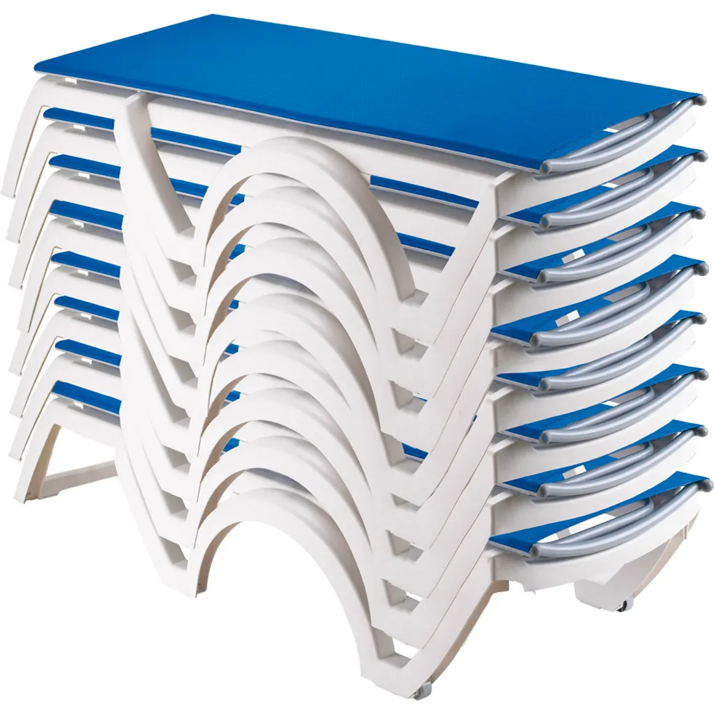 Stack of blue and white pool lounge chairs