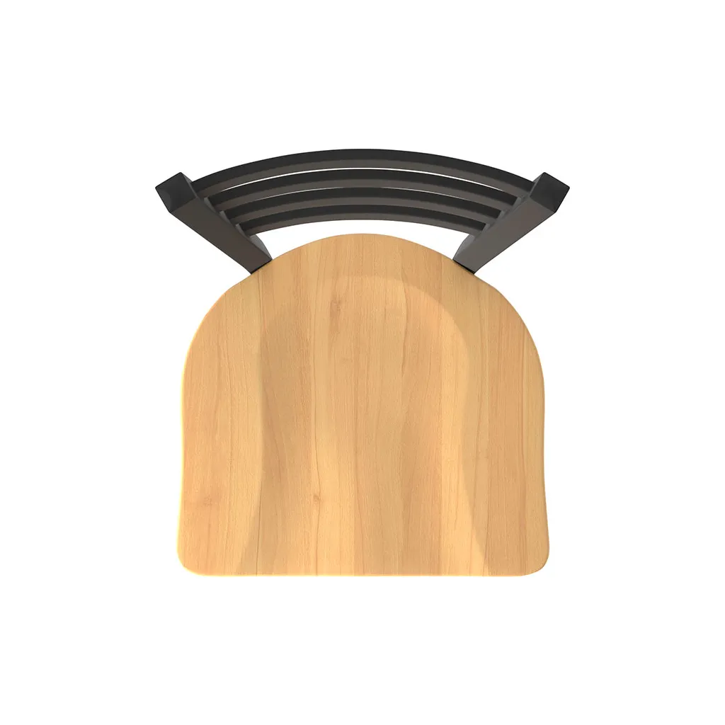 Wooden seat of black metal bar stool