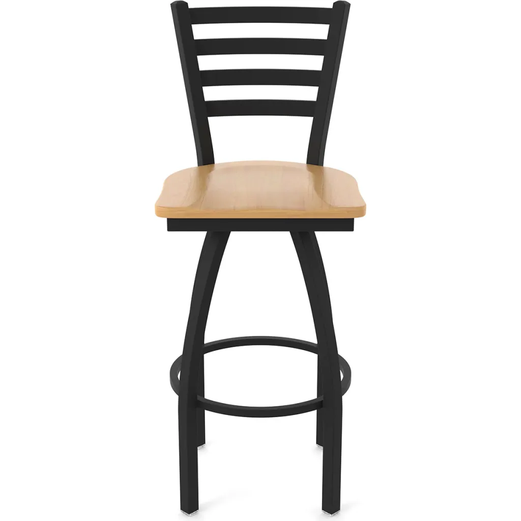 Black metal bar stool with wooden seat from rear view