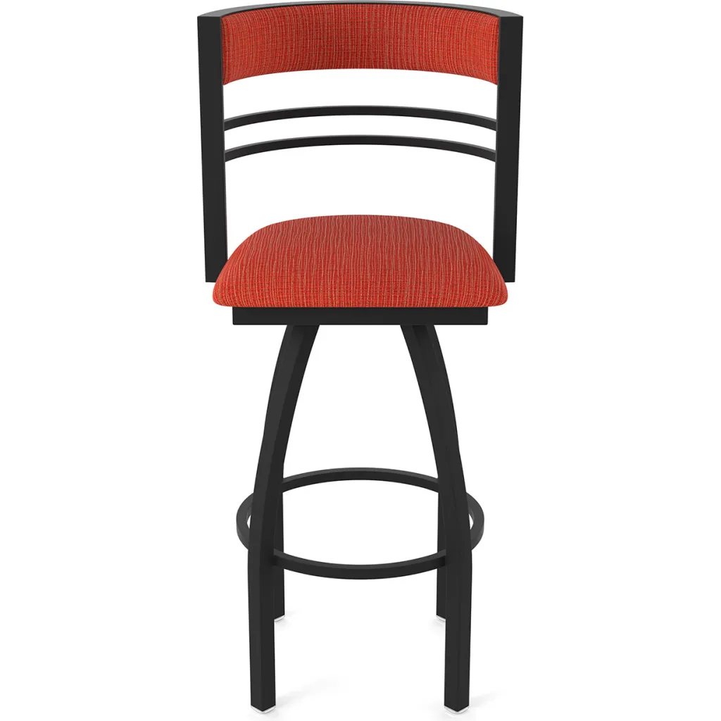 Red and black bar stool with backrest from front view