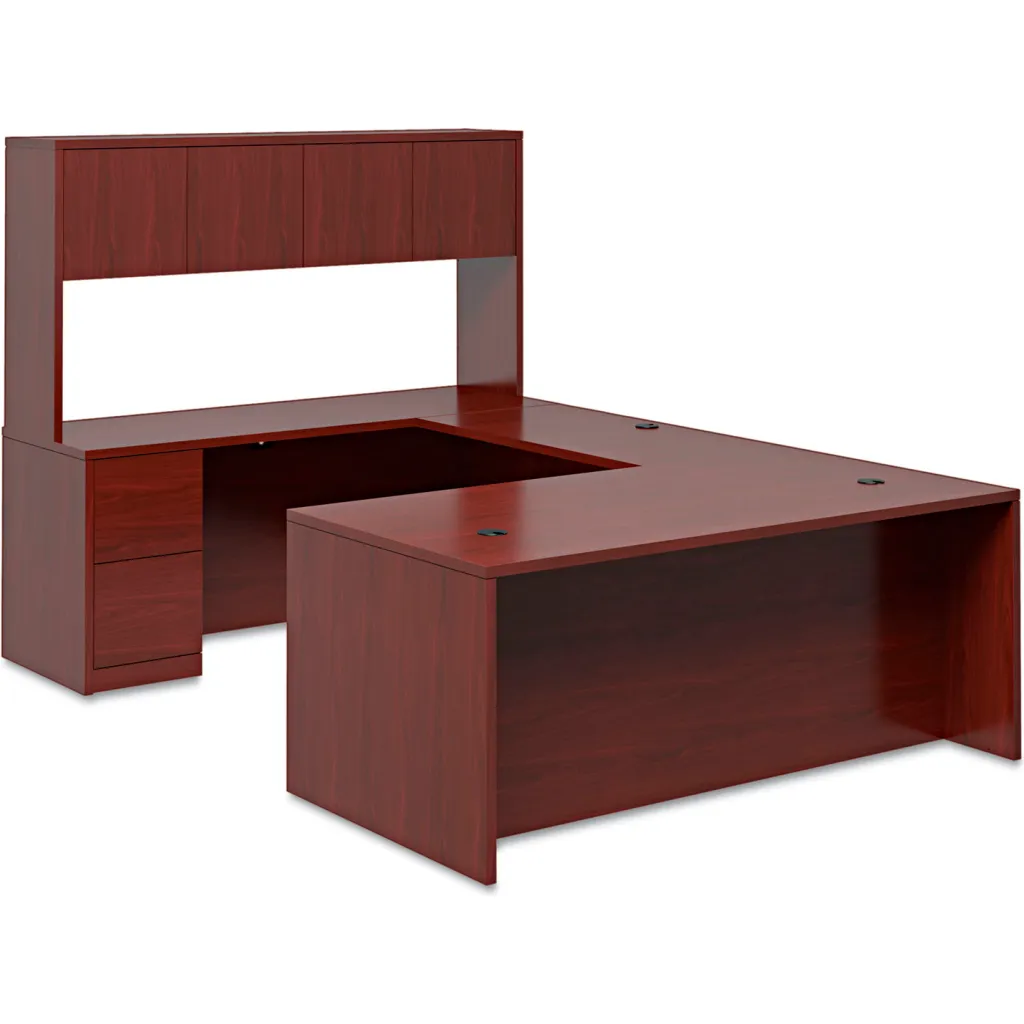 L-shaped brown desk with drawers and cabinet