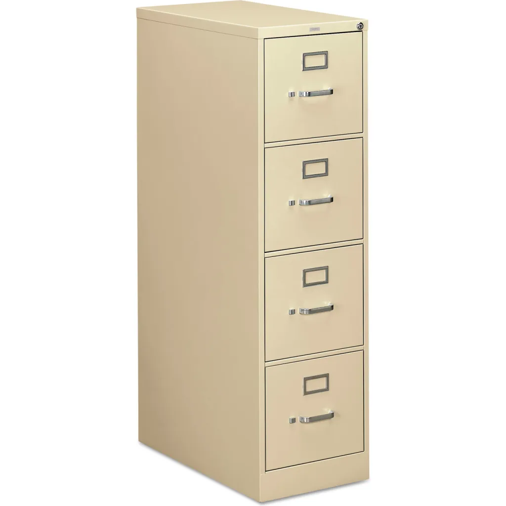 Tall beige metal filing cabinet with five drawers, each with a rectangular label holder and a curved metal handle.