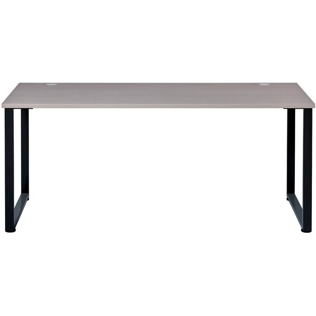 Gray desk with black metal legs from front view