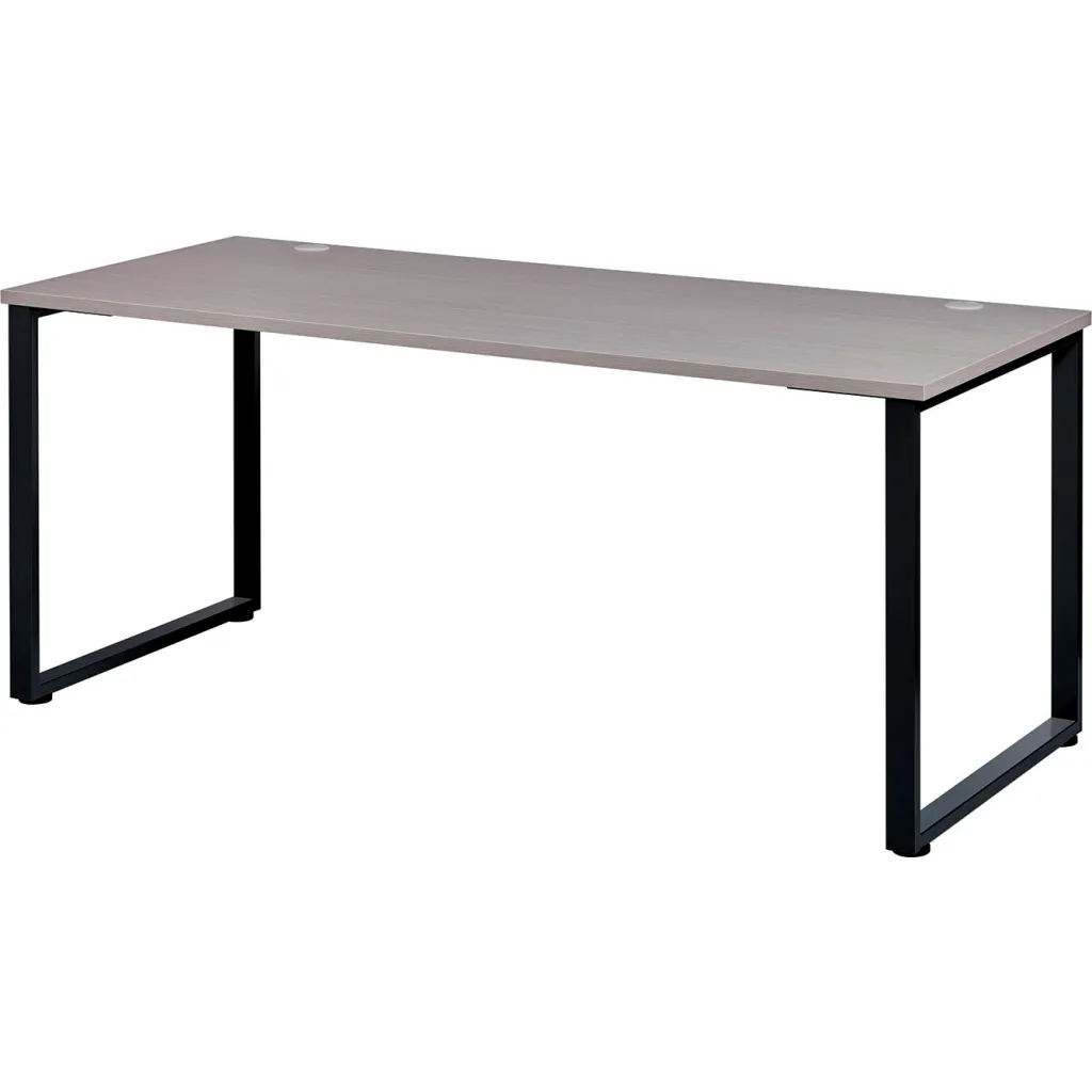 Gray desk with black metal legs from side view