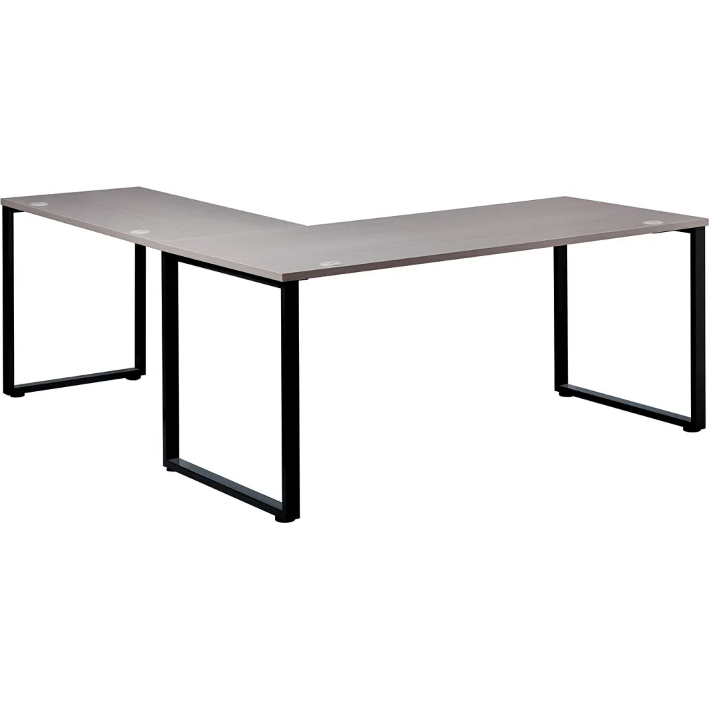 L-shaped gray desk with black metal legs