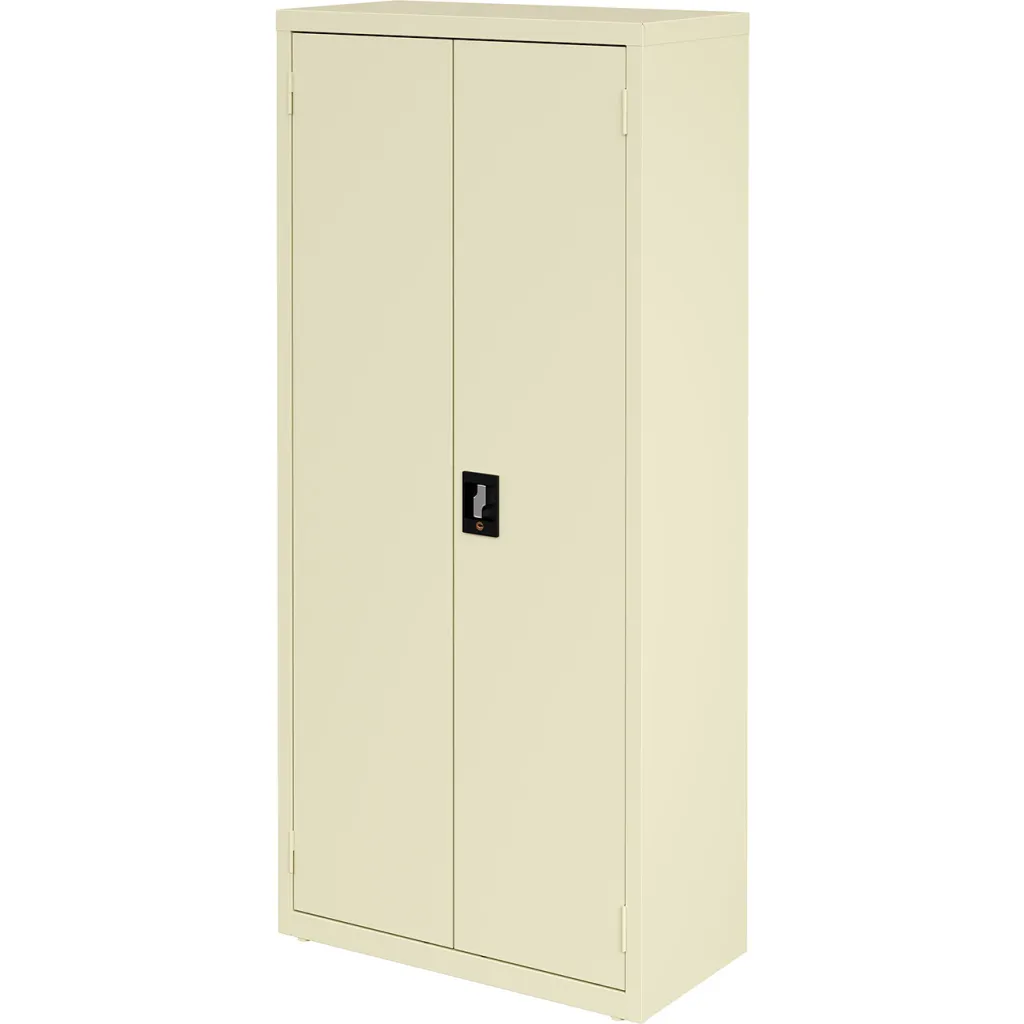 Cream-colored storage cabinet with two doors from a slightly different angle