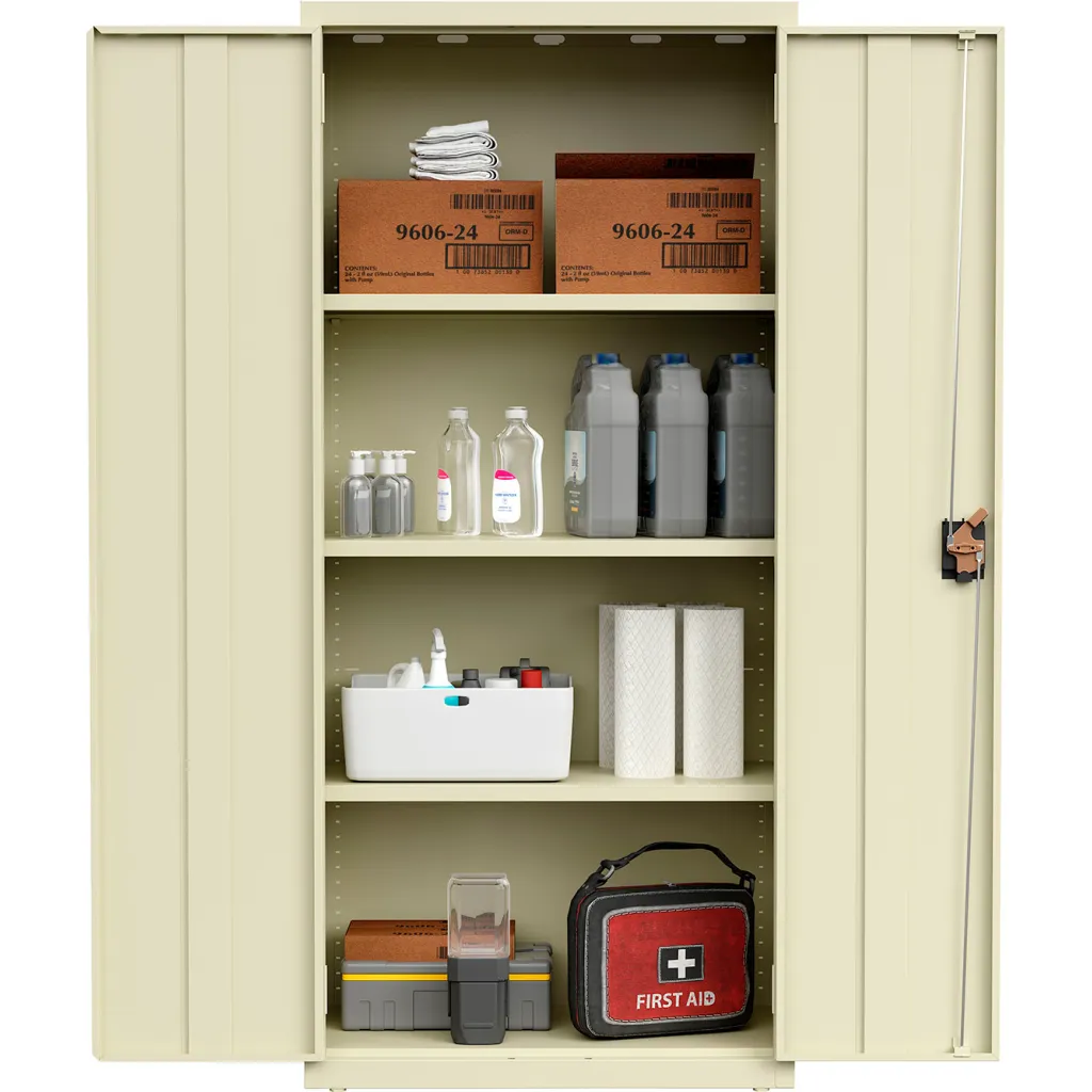 Cream-colored storage cabinet with two doors open, showing shelves and contents