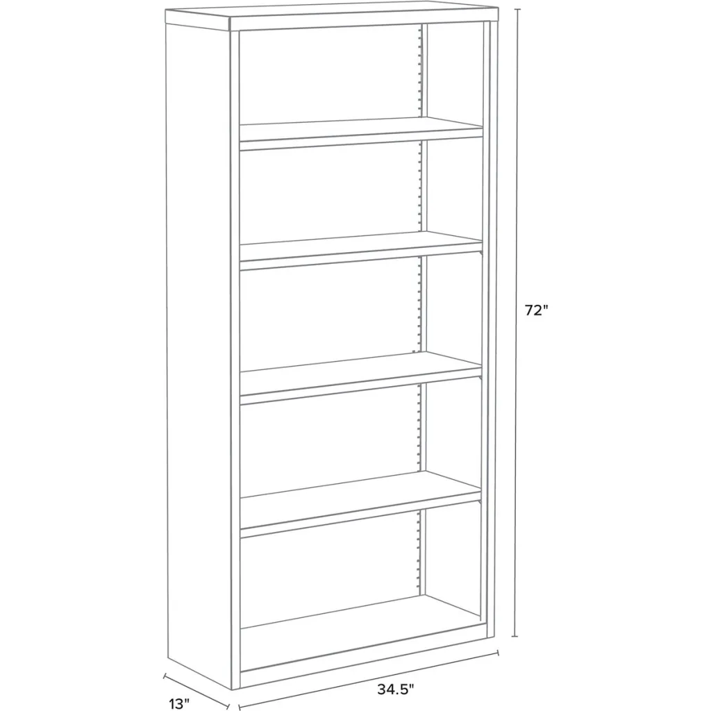 A diagram of a beige bookshelf with five shelves, showing its dimensions.