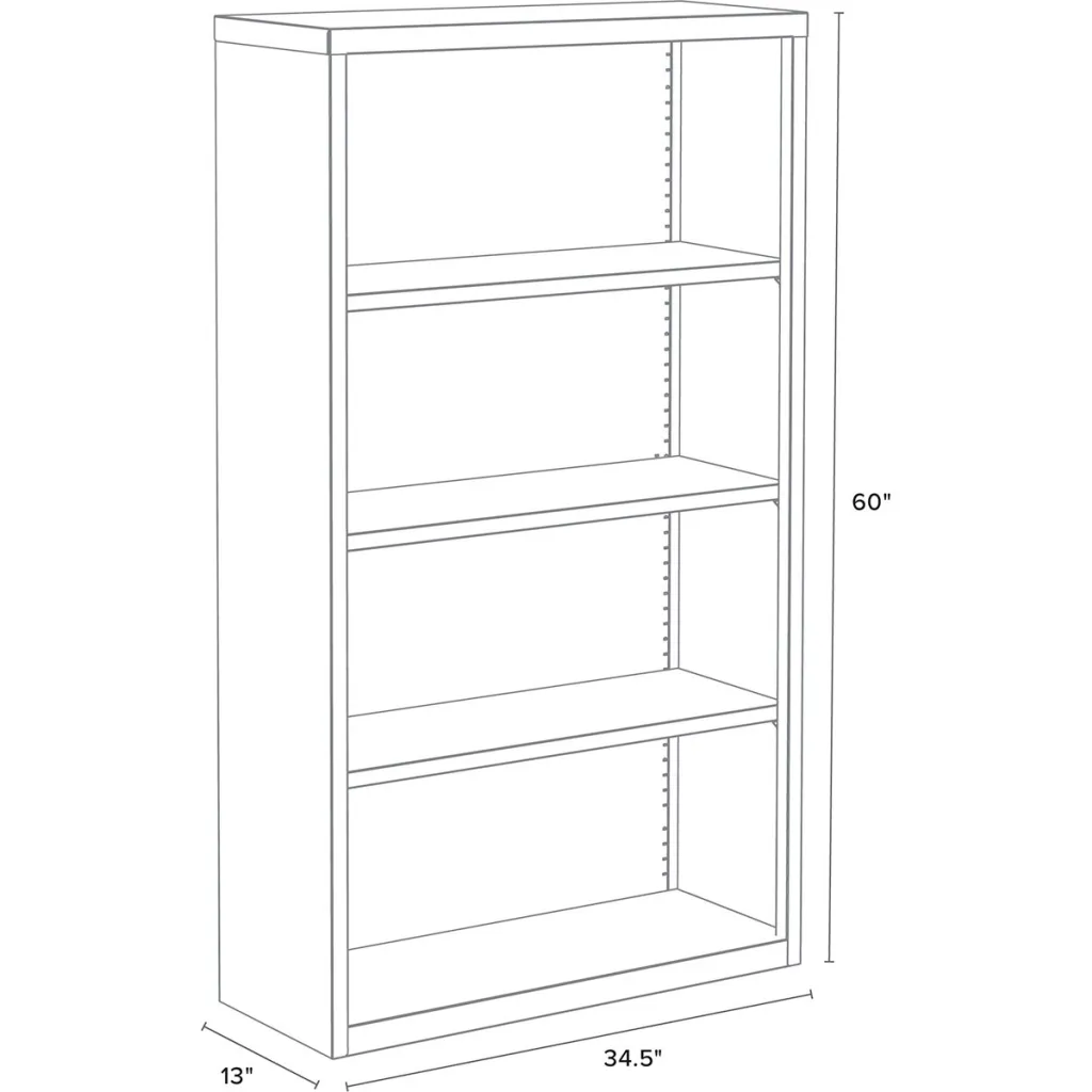 Black bookshelf with four shelves, blueprint