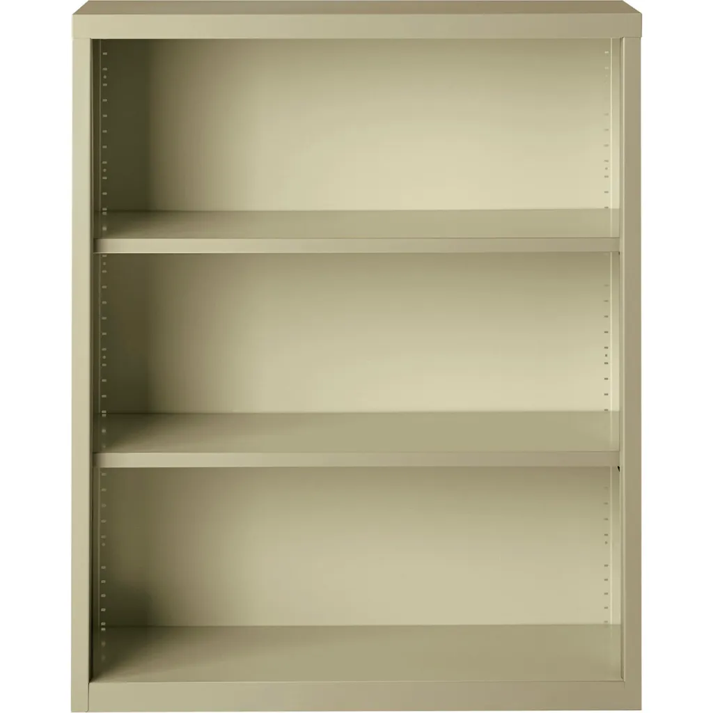 A beige metal bookshelf with three shelves, viewed from the front.