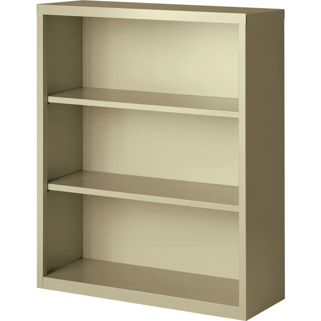 A beige metal bookshelf with three shelves, viewed at an angle.