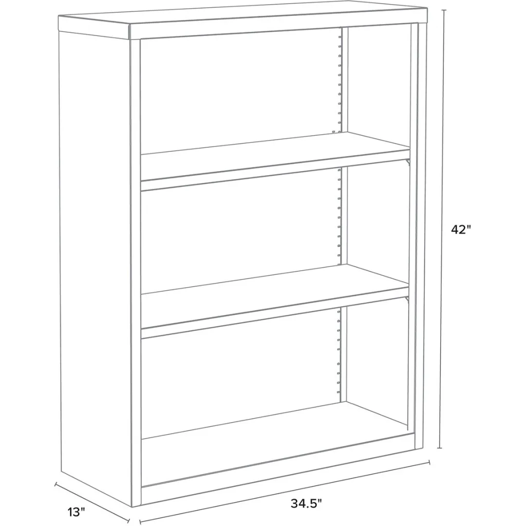 A technical drawing of a beige metal bookshelf with three shelves, showing its dimensions.