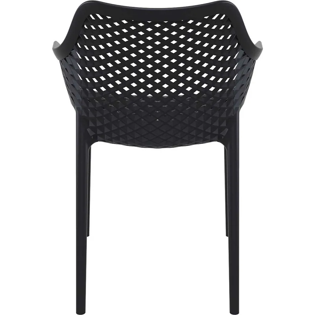 Back of black plastic chair with woven seat and backrest
