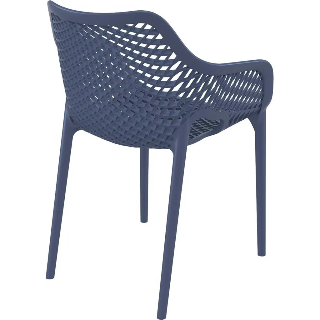 Blue plastic chair with woven seat and backrest from rear angle
