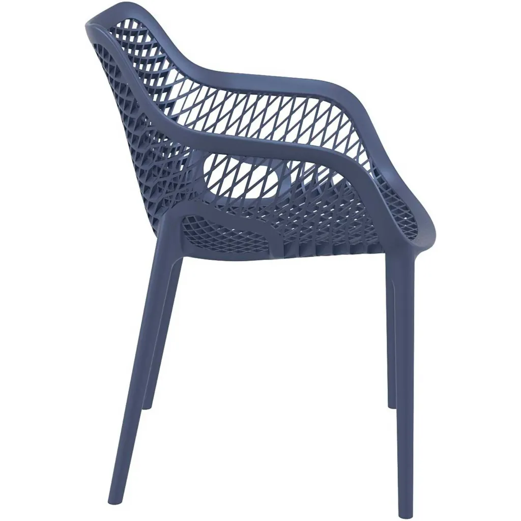 Blue plastic chair with woven seat and backrest from side angle