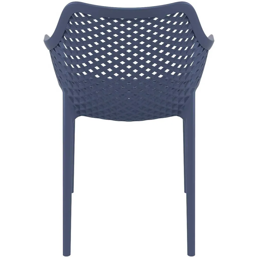 Blue plastic chair with woven seat and backrest from rear view