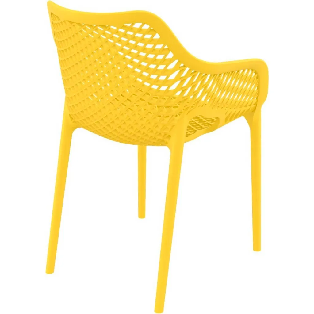 Yellow plastic chair with mesh back and seat from rear angle