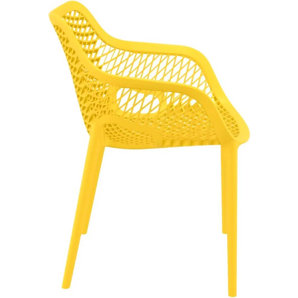 Yellow plastic chair with mesh back and seat from side angle