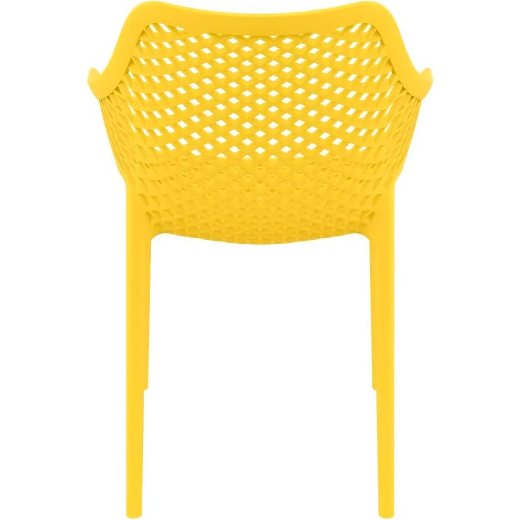 Yellow plastic chair with mesh back and seat from rear