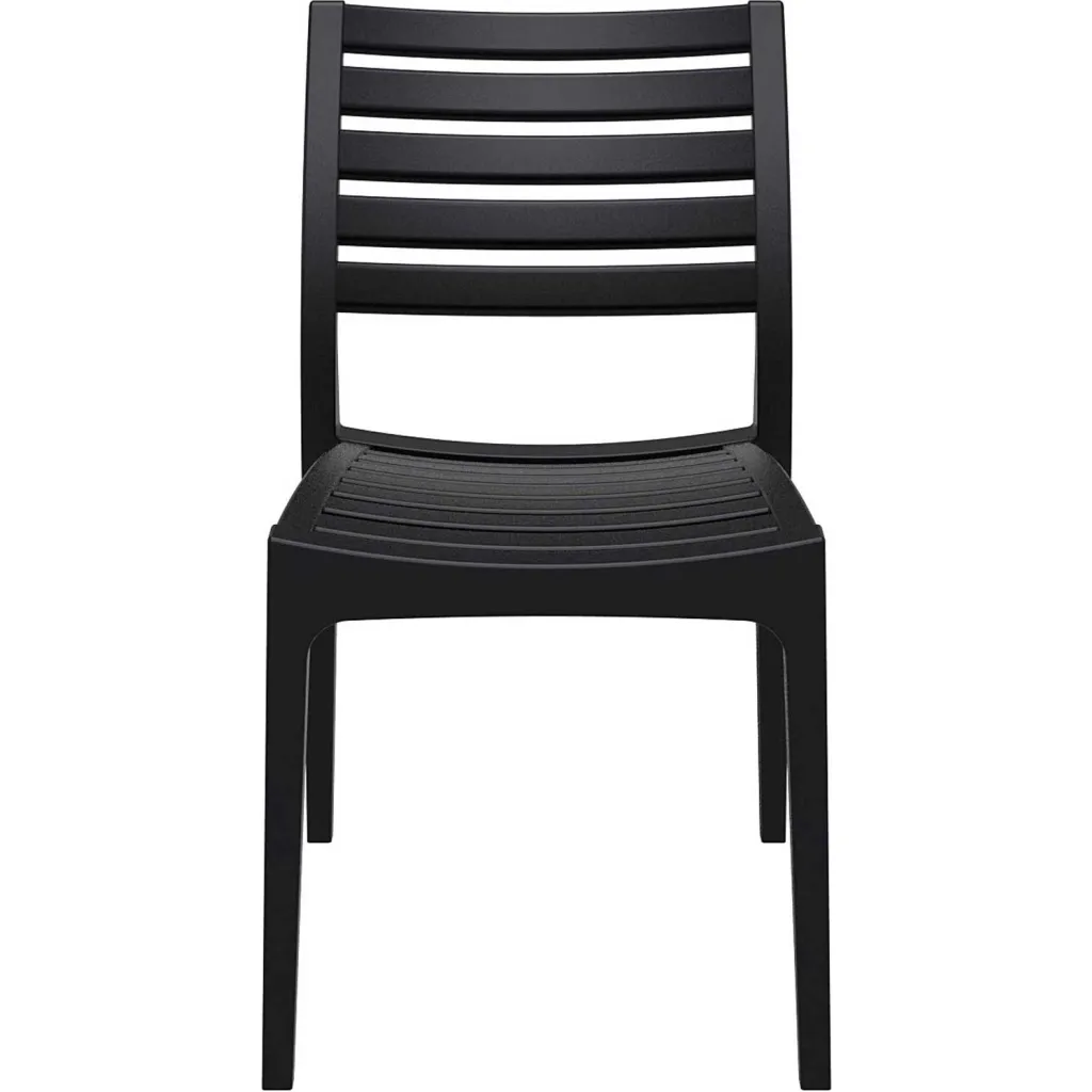 Black plastic chair with slatted back and seat from front